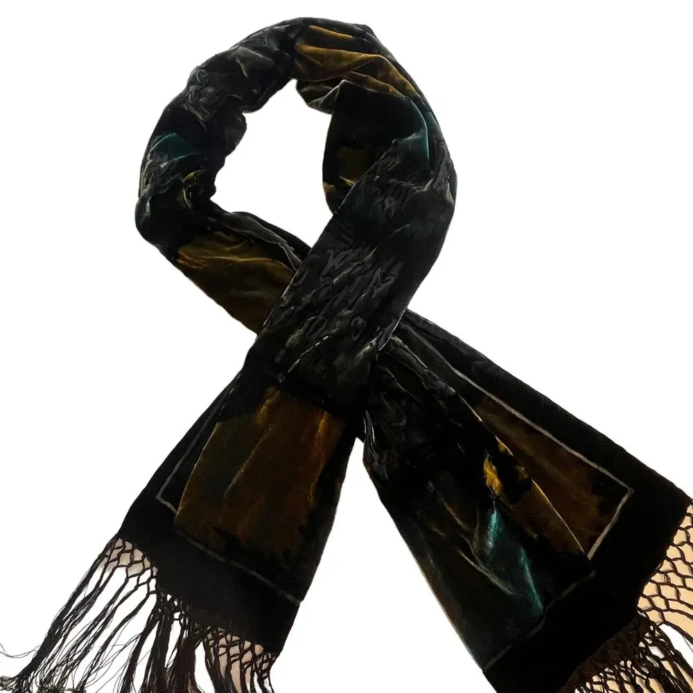 Burnout Velvet Playing Card Scarf Womens Black Teal Brown Fringed Spade Heart